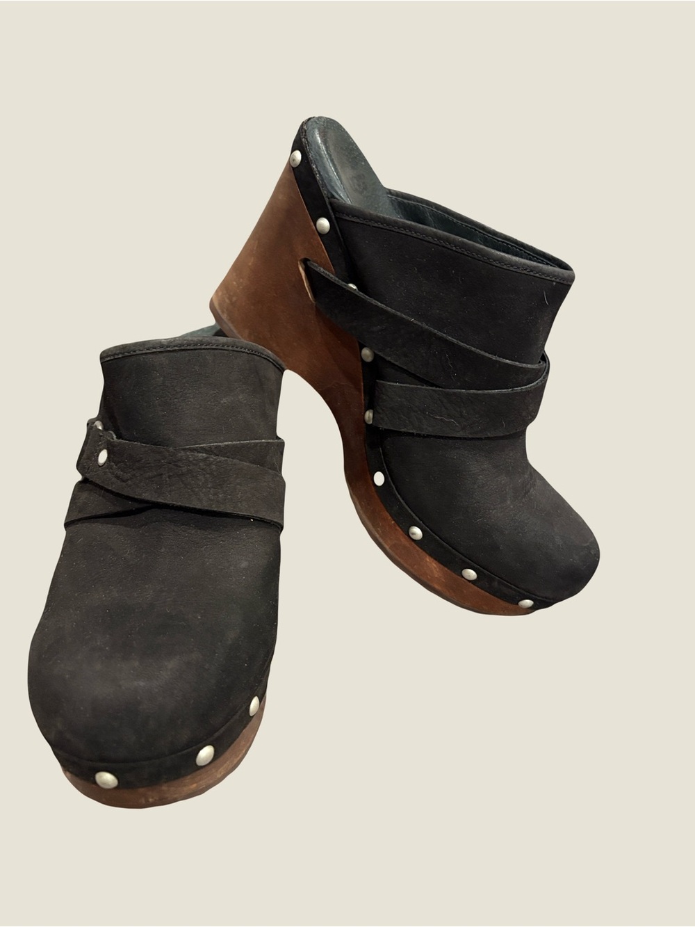 UGG Australia Natalee Black Leather Studded wood platform Clogs